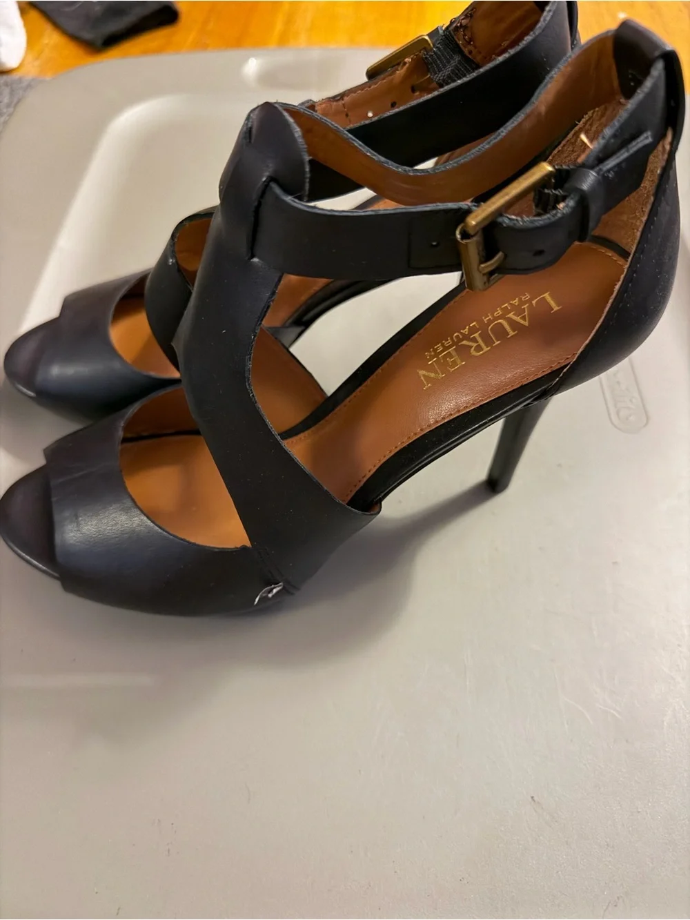 Lauren Ralph Lauren Black Leather T-Strap Heels with Gold Buckles